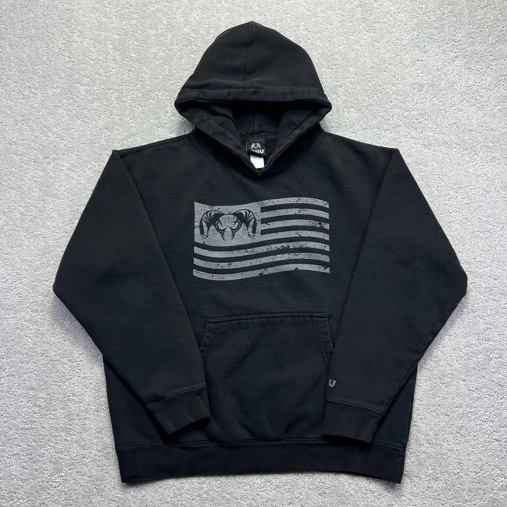 KUIU Hoodie Pullover Mens Large Black Flag Graphic Ram Logo Distressed Print